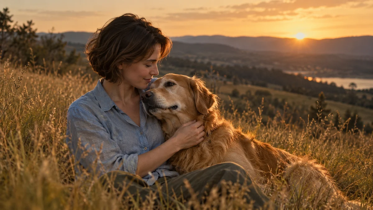 Illustrated pet reunion in a cinematic setting